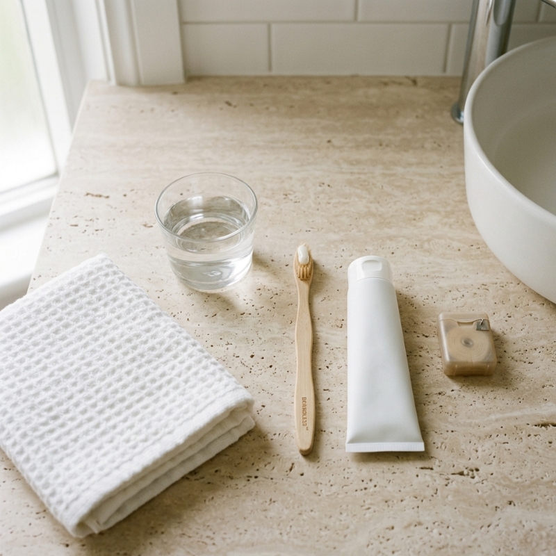 Adult using a soft toothbrush and sensitivity toothpaste at home to gently reduce yellowing without irritating sensitive teeth.