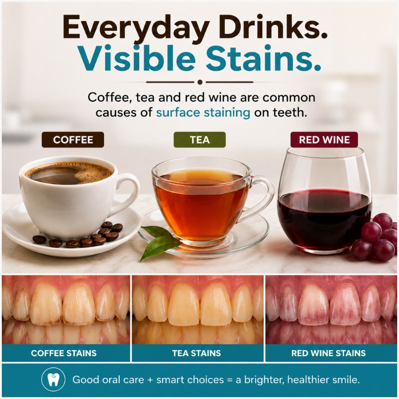 common-causes-of-surface-tooth-staining-coffee-tea-red-wine discoloured teeth Teeth dull and discolour for different reasons, and the cause affects whether whitening will help. Surface (extrinsic) staining from coffee, tea, red wine and smoking sits on the outside of the tooth and usually responds well to whitening. Deeper (intrinsic) discolouration from certain medications, past trauma or simply thinning enamel with age behaves differently and may need another cosmetic option. Because of this, we assess whether your stains are suitable for whitening before recommending it, which is also why dentist-guided whitening tends to give more predictable results than an over-the-counter kit. img 05 - comprehensionCoffee, tea and red wine shown together as common causes of surface staining on teeth