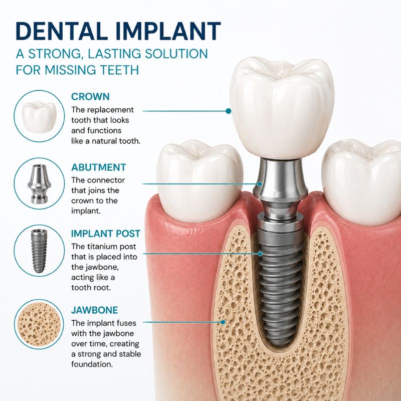 dental-implant-diagram-jawbone-replacement-tooth Diagram of a dental implant showing the post in the jawbone and a replacement tooth on top