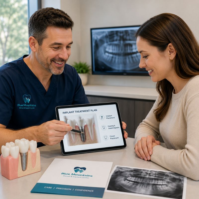dentist-and-patient-reviewing-dental-implant-treatment-plan Dentist and patient reviewing an implant treatment plan together at a consultation