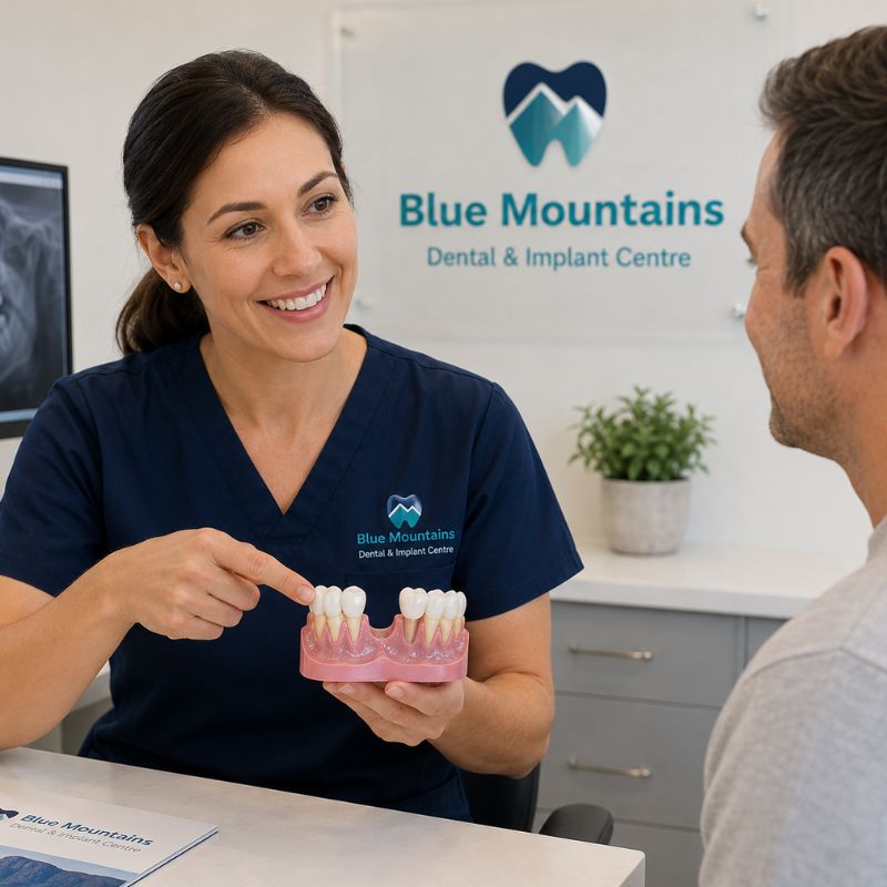 female-dentist-explaining-dental-implant-treatment-blue-mountain Dentist showing a patient a model of a jaw with a missing tooth gap during a consultation
