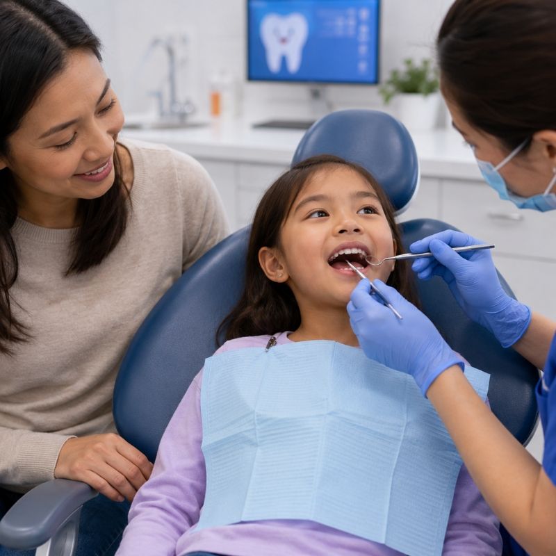 parent-in-room Mother sitting beside daughter during kids’ dental check-up