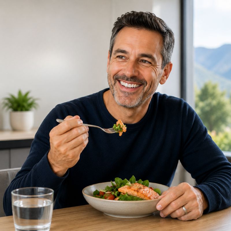 smiling-patient-eating-after-dental-implants-blue-mountains Person eating and smiling comfortably after replacing missing teeth with implants