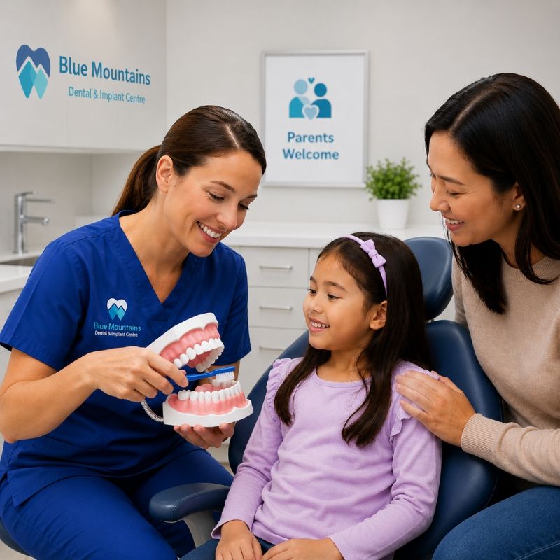 tooth-brushing-demo Dentist demonstrating brushing technique to a Sydney child patient